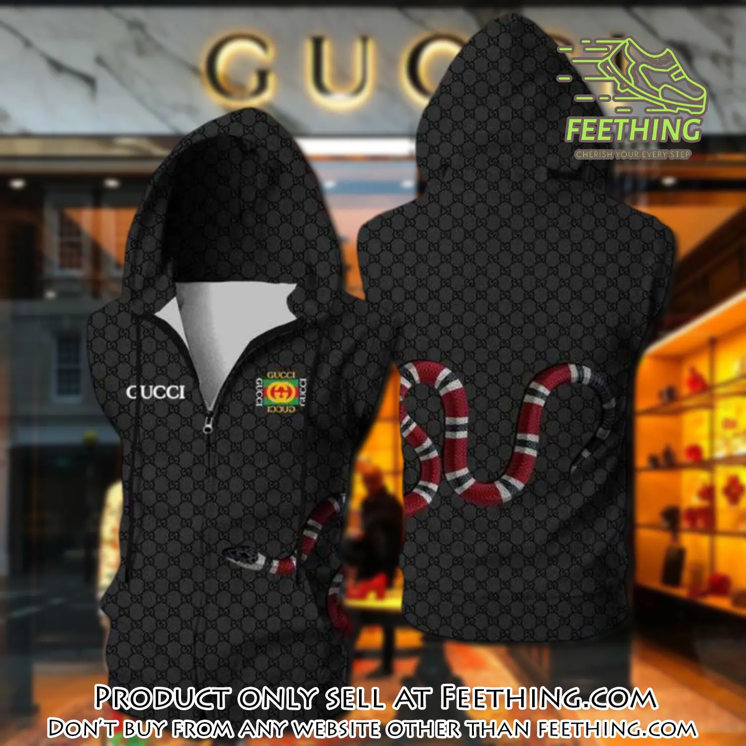 Gucci black snake unisex sleeveless zip up hoodie luxury for men women szh004 ft5019710